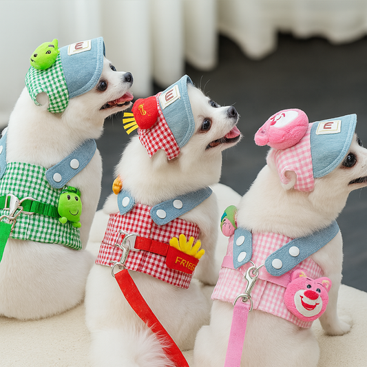 3PCS Cartoon Dog Harness Leash and Hat Set Unisex Cute Outdoor Pet Accessories Sunscreen Cap for Small Dogs Puppy Vest Harness