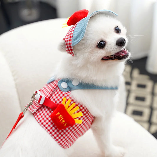 3PCS Cartoon Dog Harness Leash and Hat Set Unisex Cute Outdoor Pet Accessories Sunscreen Cap for Small Dogs Puppy Vest Harness